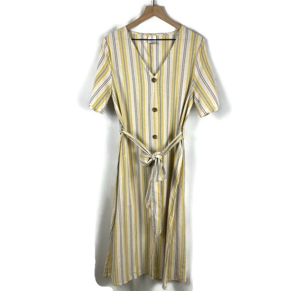 MIX Australia Striped Dress Yellow White US 8 100% Cotton V-Neck Trad Cottage